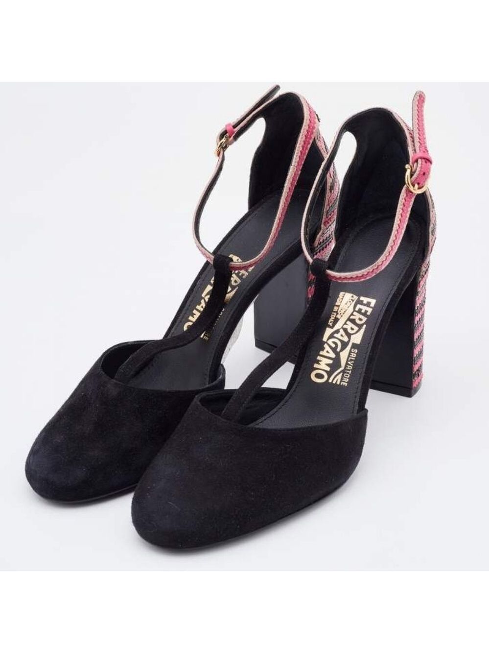 Salvatore Ferragamo Black/Pink Suede And Leather Fergie T-Strap Pumps - Picture 2 of 13
